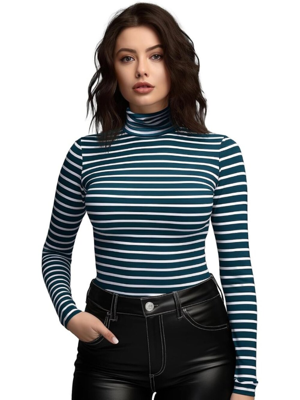 Fitted Long Sleeve Turtleneck Top for Women | Stretchy Short Sleeve Tee Shirt